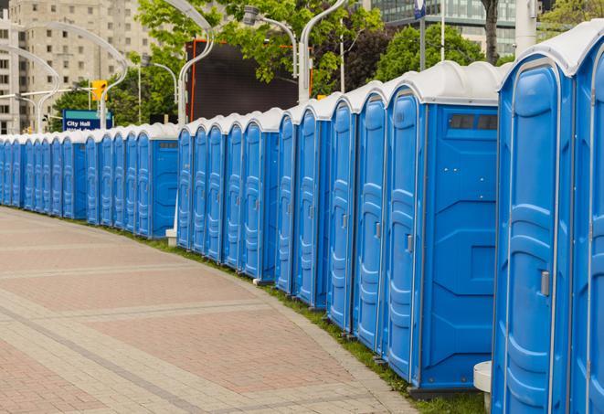 Seasonal porta potty units set up at a Gilroy, California venue